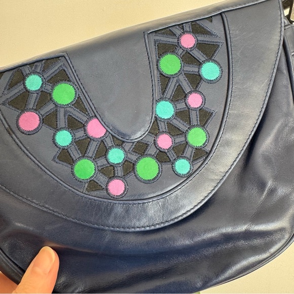 Vintage 80s Mima Venezia Patchwork Leather Crossbody Stylish Navy Shoulder Bag - Picture 9 of 10